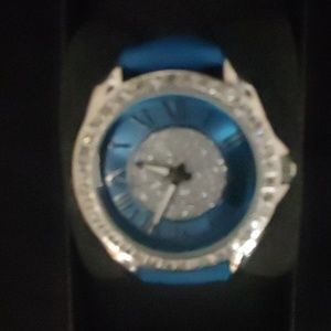 Brand New Blue Leather Band Silver Crystal Watch